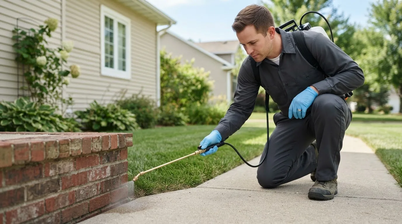 Pest control technician treating a home near Wakefield, MA