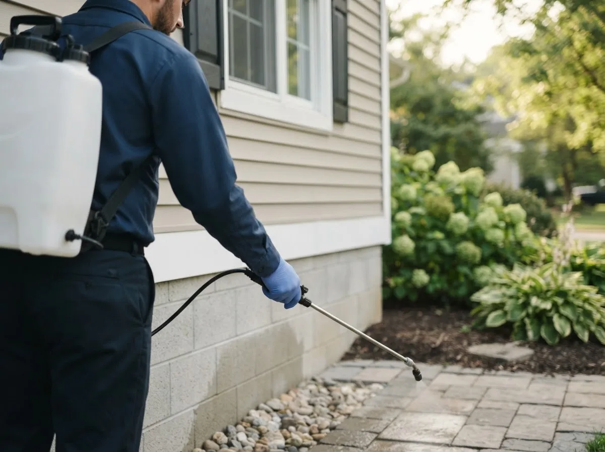 Pest control technician inspecting a home in Wakefield, MA